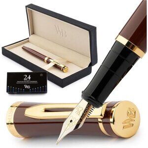 Black Fountain Pen Kit, 18K Medium Gold Nib, Includes 24 Ink